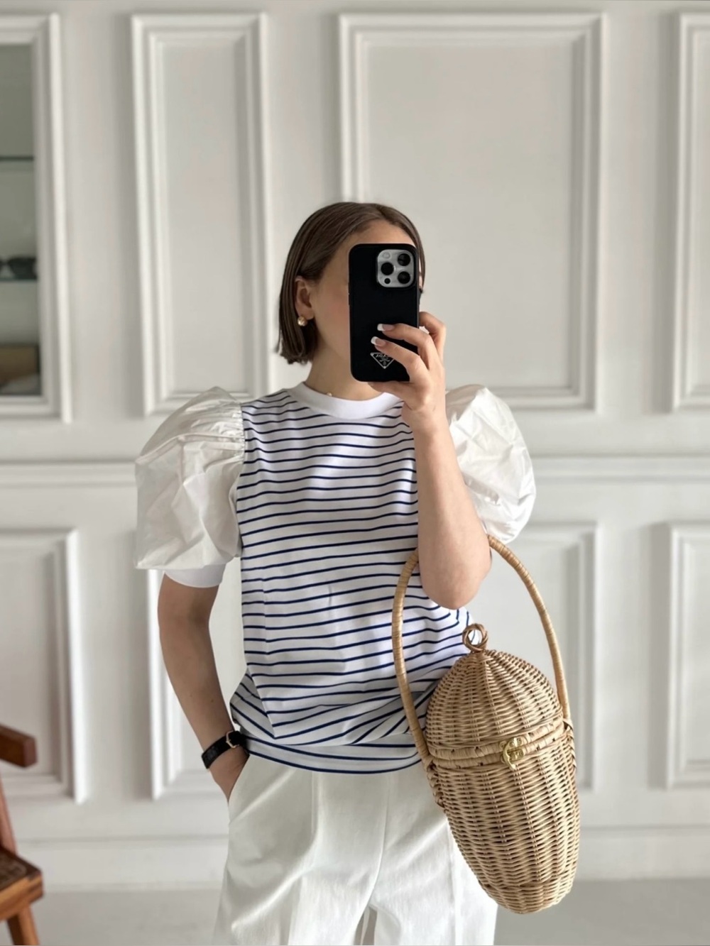 Derek Lam Navy & White Striped Puff Sleeve Tee